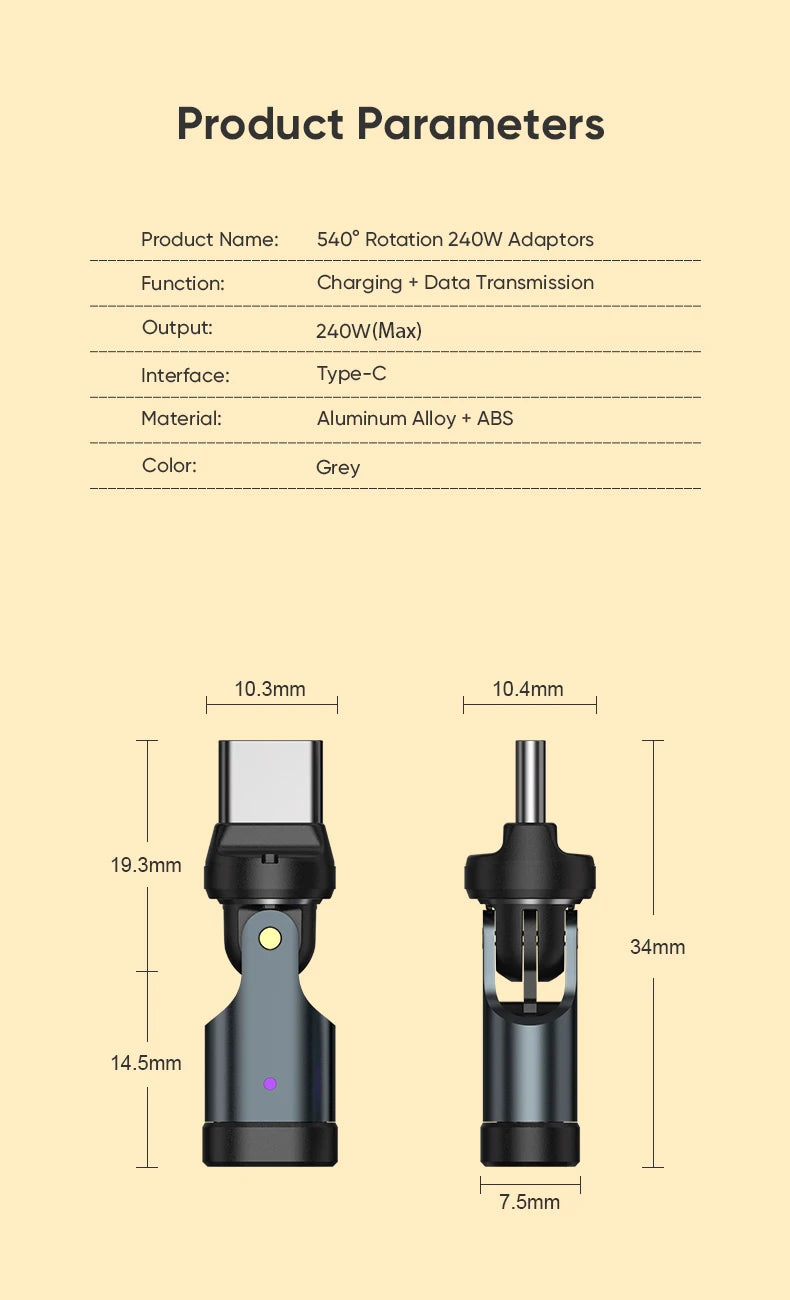 AUFU PD240W USB C to Type C OTG Adapter 540 Rotation 5A Fast Charge Cable Converter for iPhone 16 MacBook Samsung Xiaomi Laptop Beauty World Shop