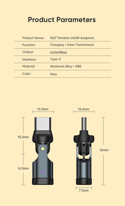 AUFU PD240W USB C to Type C OTG Adapter 540 Rotation 5A Fast Charge Cable Converter for iPhone 16 MacBook Samsung Xiaomi Laptop Beauty World Shop