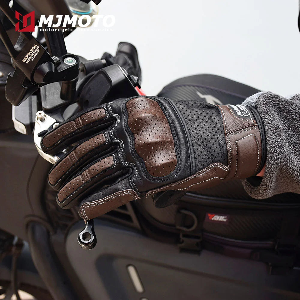 With CE Approved Summer Retro Perforated Leather Motorcycle Gloves Men Women Full Finger Motocross Dirt Biker Glove Guantes Moto Beauty World Shop