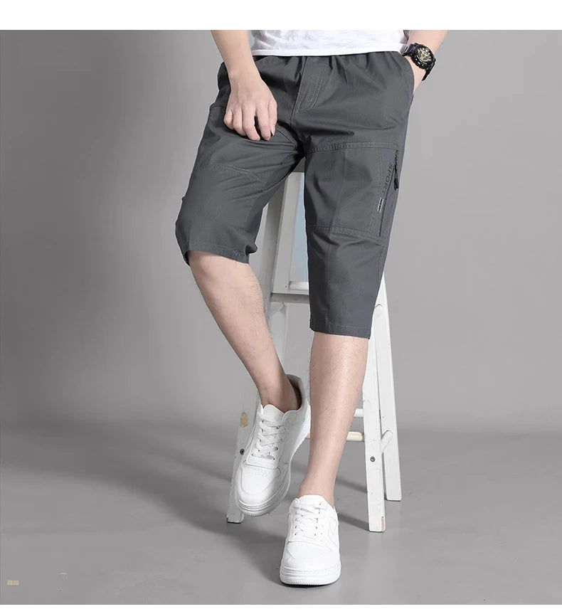Mens Cargo Shorts Knee Pants Zipper Pocket Summer Cotton Shorts Climbing Jogger Elastic Waist Sports Wear Beauty World Shop