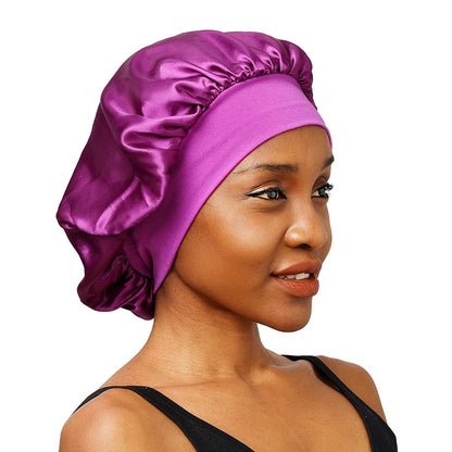 New Women's Satin Solid Wide-brimmed Sleeping Hat Unisex Head Wrap Elastic Band Cap Hair Care Bonnet Night Hat bonnet de nuit Beauty Fashion