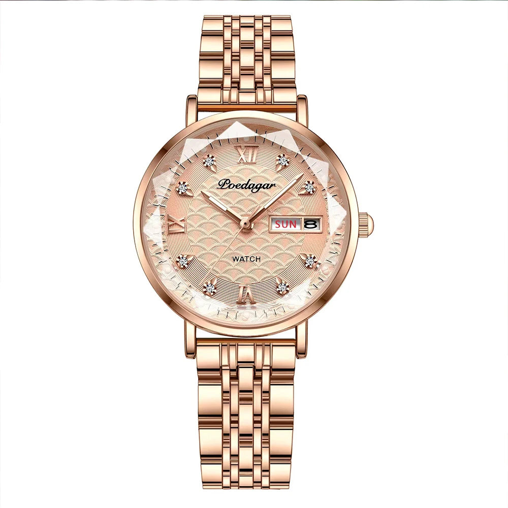 POEDAGAR Top Elegant Women's Watches Stainless Steel Date Week Woman Watch Waterproof Luminous Fashion Ladies Watch Quartz Reloj Beauty World Shop