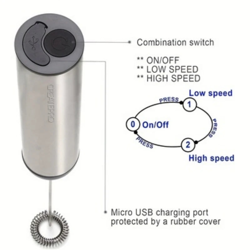 Rechargeable Stainless Steel Milk Frother 2 Speeds for Latte Cappuccino Espresso Home And Barista Use Beauty World Shop