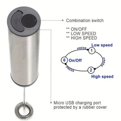 Rechargeable Stainless Steel Milk Frother 2 Speeds for Latte Cappuccino Espresso Home And Barista Use Beauty World Shop