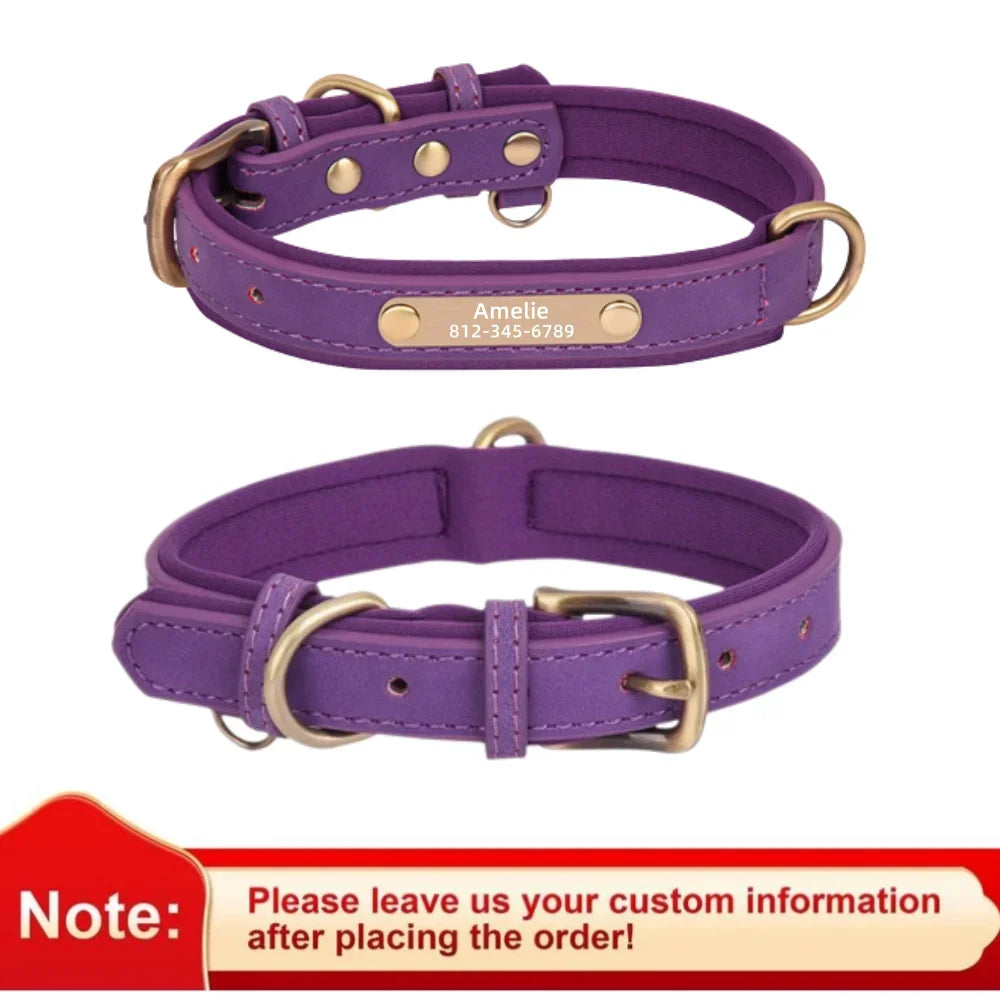 Personalized Customized Leather ID Nameplate Dog Collar Soft Padded Dogs Collars Free Engraving Name for Small Medium Large Dogs Beauty World Shop