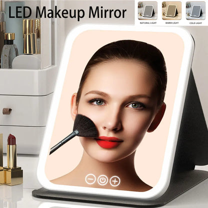 3 Colors Dimmable LED Makeup Mirror with Touch Screen Fold Cosmetic Makeup Mirror Rechargeable Tabletop for Travel & Home Use Beauty World Shop