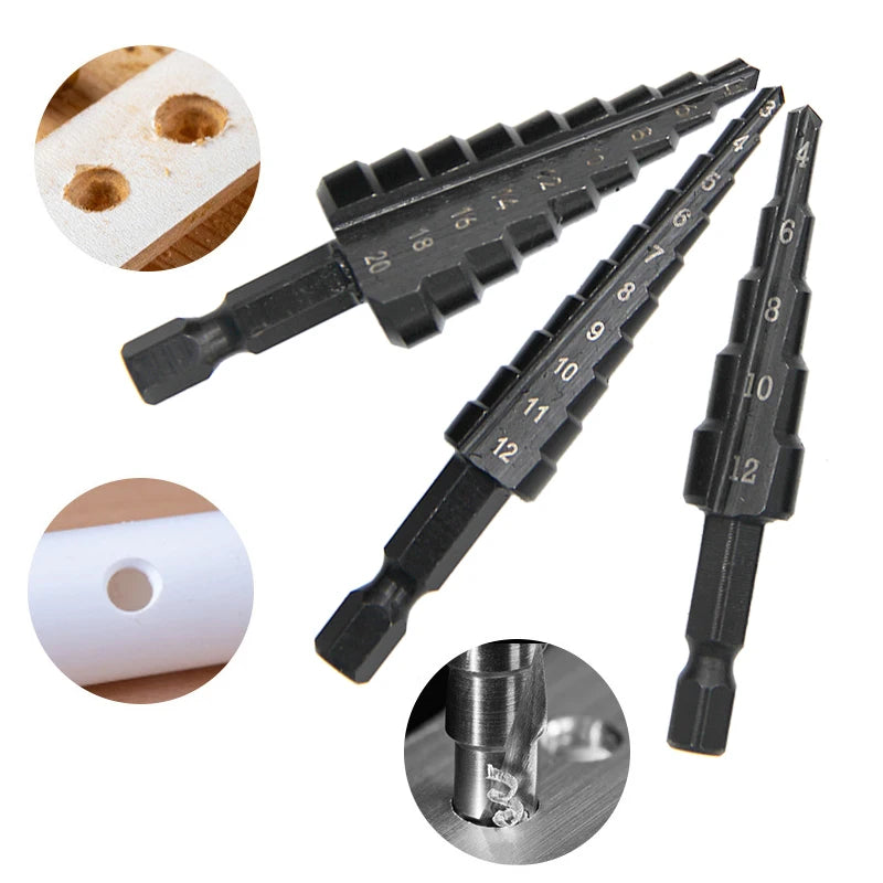 3pc Black Hexagonal Shank Straight Slot Ladder Drill Bit Reaming and Hole Opening Blackened Pagoda Drill Tool Set Beauty Fashion