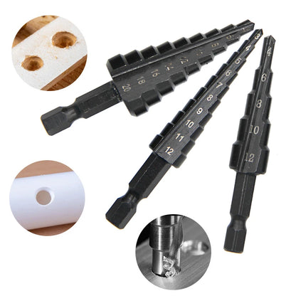 3pc Black Hexagonal Shank Straight Slot Ladder Drill Bit Reaming and Hole Opening Blackened Pagoda Drill Tool Set Beauty Fashion