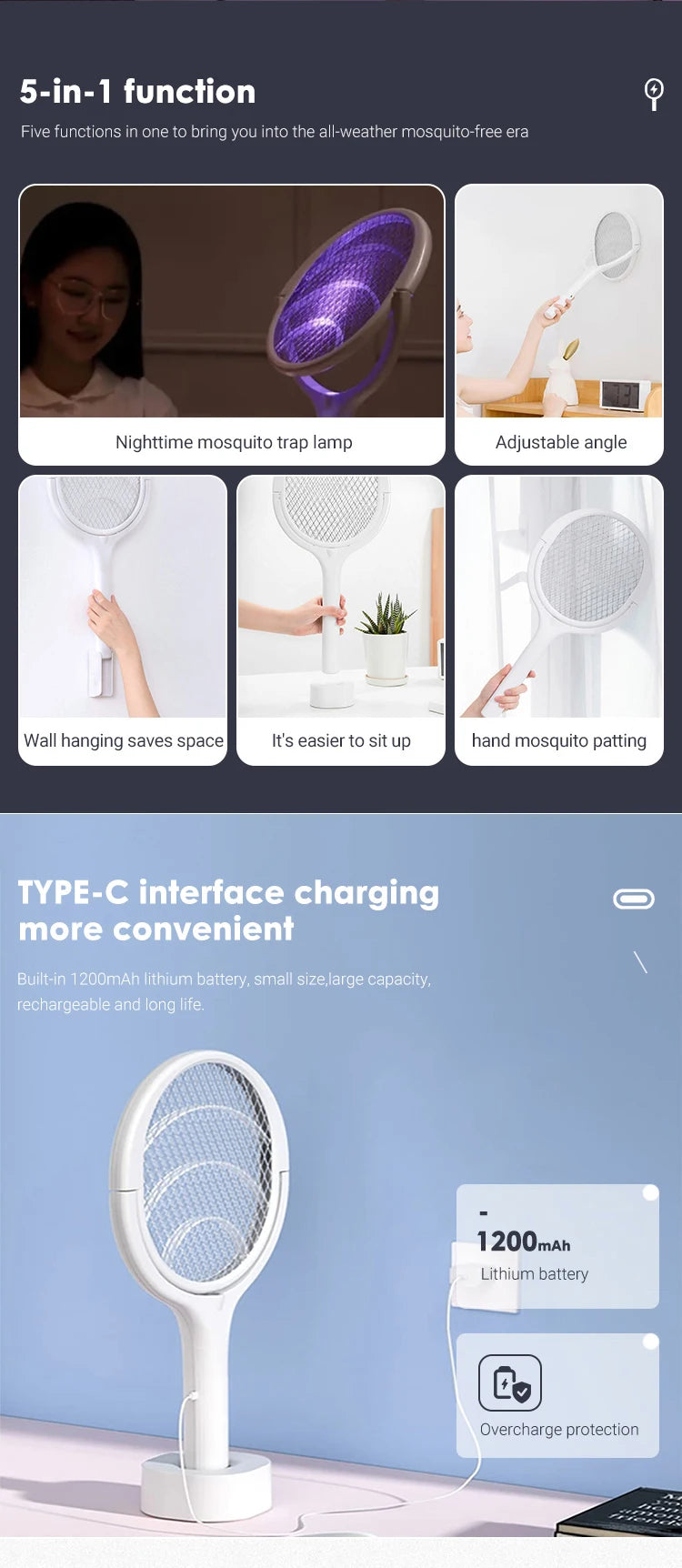 5 In 1 Fast Charging Racket Kill Fly Bug Safety Insulated Battery Powered Lamp ABS Adjustable Electric Mosquito Swatter Beauty World Shop