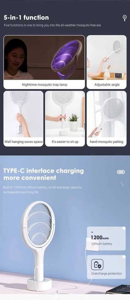 5 In 1 Fast Charging Racket Kill Fly Bug Safety Insulated Battery Powered Lamp ABS Adjustable Electric Mosquito Swatter Beauty World Shop