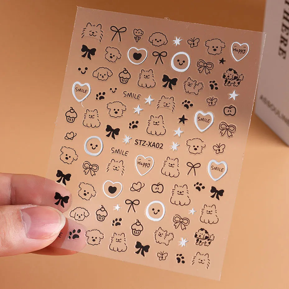 2pcs 3D Cute Silver Smile Dog Decals Y2K Cartoon Cat Footprint Nail Stickers Graffiti Star Heart Bowknot Manicure Slider Decor Beauty World Shop