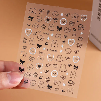 2pcs 3D Cute Silver Smile Dog Decals Y2K Cartoon Cat Footprint Nail Stickers Graffiti Star Heart Bowknot Manicure Slider Decor Beauty World Shop