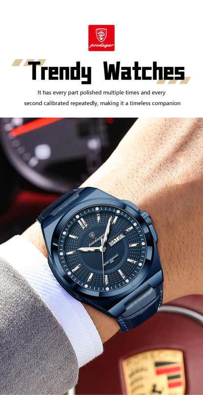POEDAGAR Fashion Brand Man Wristwatch Waterproof Luminous Date Week Quartz Luxury Men's Watches Leather Business Men Watch Reloj Beauty World Shop