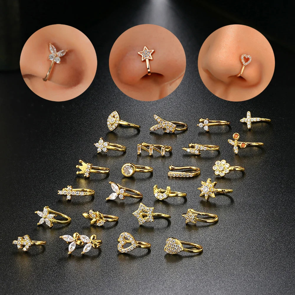 Fake Piercing Clip Nose Ring Cuff Body Jewelry for Women New Trend 1PCS Ear Cuffs Heart Star Flowers Butterfly Clip Rings KAE197 Beauty World Shop