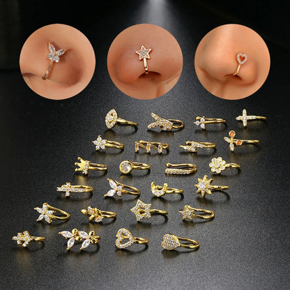 Fake Piercing Clip Nose Ring Cuff Body Jewelry for Women New Trend 1PCS Ear Cuffs Heart Star Flowers Butterfly Clip Rings KAE197 Beauty World Shop
