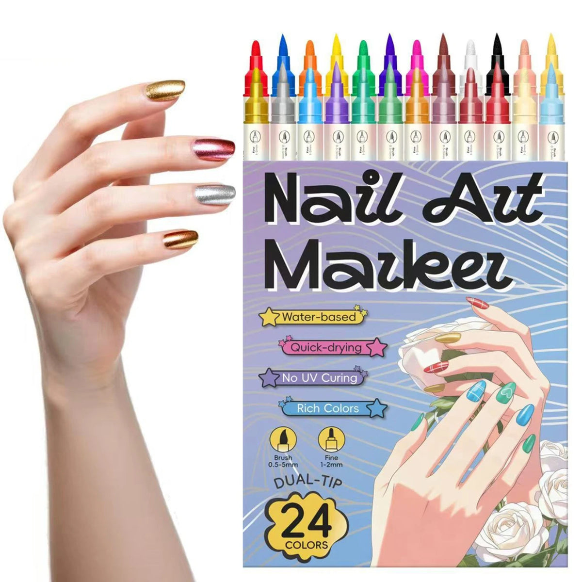 24 Color Double Headed Nail Art Graffiti Pen Acrylic Pen Set, Metallic Dopamine Color Nail Art Graffiti Pen, Pointillism Graffit Beauty World Shop