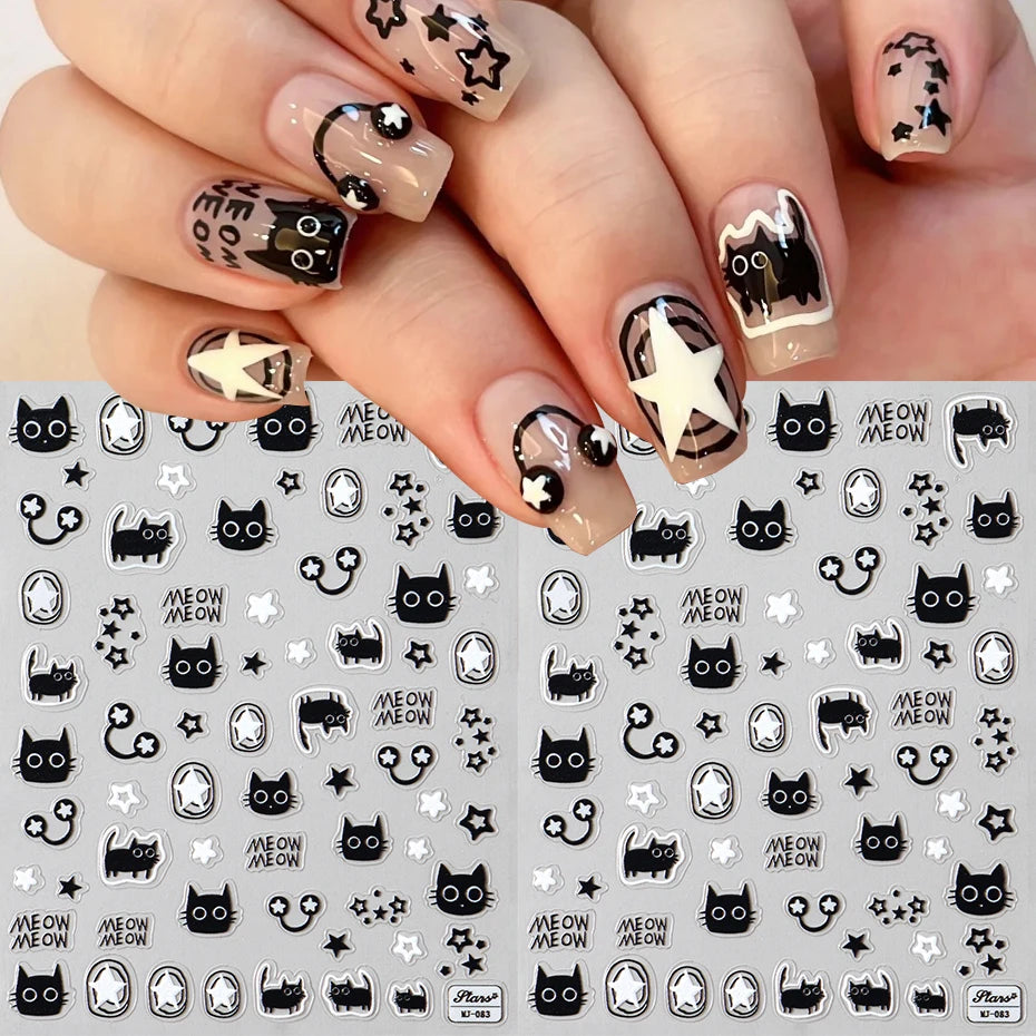 Black Silver Cat Animals Nail Sticker Decals Y2K Charms Cute Dog Cartoon Adhesive Sliders Foils For Manicure Nail Art Decoration Beauty World Shop