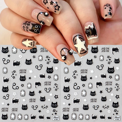 Black Silver Cat Animals Nail Sticker Decals Y2K Charms Cute Dog Cartoon Adhesive Sliders Foils For Manicure Nail Art Decoration Beauty World Shop