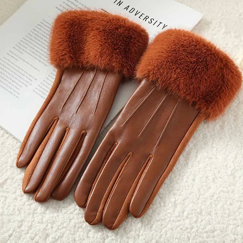 Winter Luxury Women's PU Leather Gloves Wrist Soft Faux Fur Trim Cuff Fashion Elegant Party Warm Touch Screen Drive Cycling Beauty World Shop