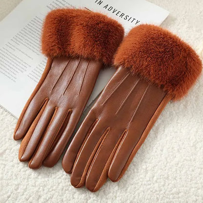 Winter Luxury Women's PU Leather Gloves Wrist Soft Faux Fur Trim Cuff Fashion Elegant Party Warm Touch Screen Drive Cycling Beauty World Shop