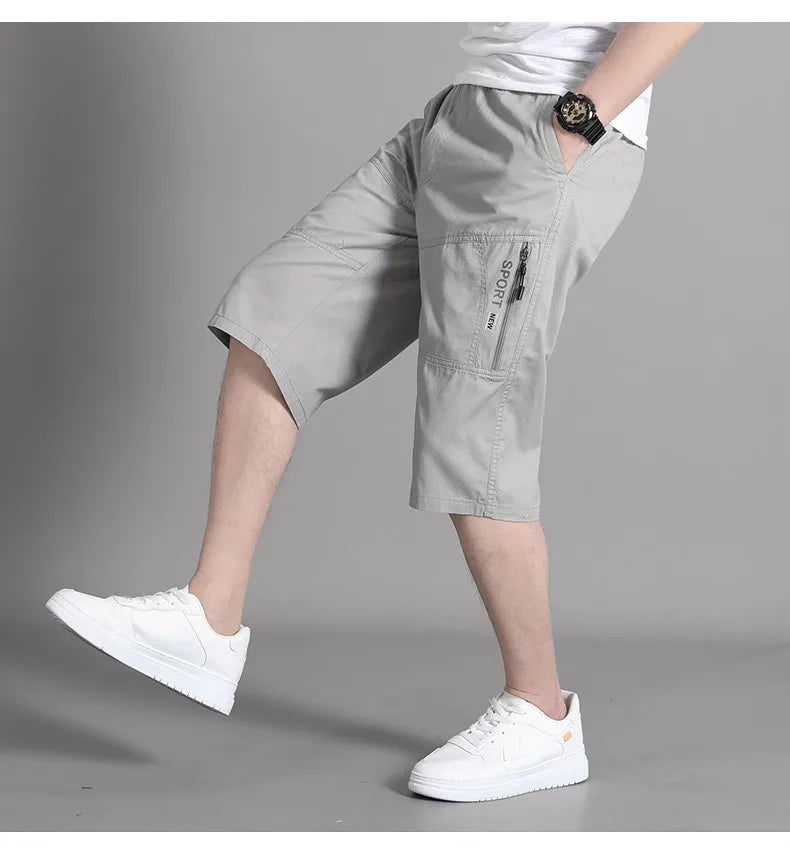 Mens Cargo Shorts Knee Pants Zipper Pocket Summer Cotton Shorts Climbing Jogger Elastic Waist Sports Wear Beauty World Shop