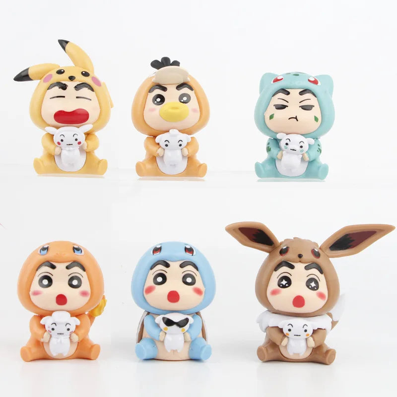 6pcs/set Crayon Shin-chan as pokemon Eevee Pikachu Bulbasaur Charmander Squirtle Psyduck Action Figure Toys 9CM Beauty World Shop
