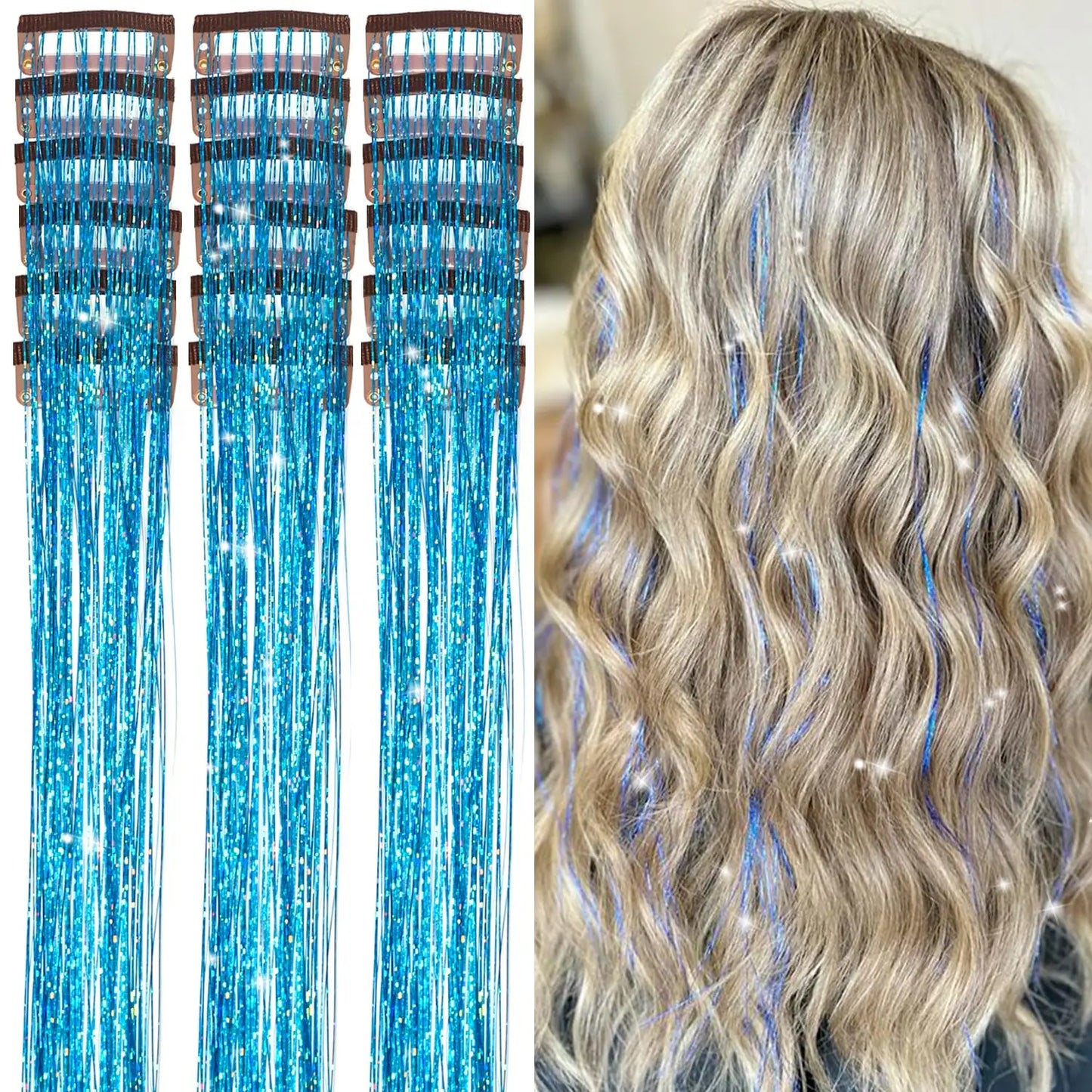 20 Inch Glitter Tinsel Hair Extensions with Clips In, 6Pcs/Set Synthetic Clip in Sparkle Fairy Hair Accessories for Women Kids Beauty World Shop