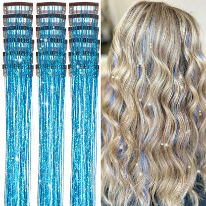 20 Inch Glitter Tinsel Hair Extensions with Clips In, 6Pcs/Set Synthetic Clip in Sparkle Fairy Hair Accessories for Women Kids Beauty World Shop