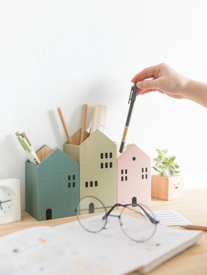 Cartoon House Wooden Pen Holder Pencil container Makeup Brush Stationery storage box Student/ Office Desktop Storage Organiser Beauty World Shop