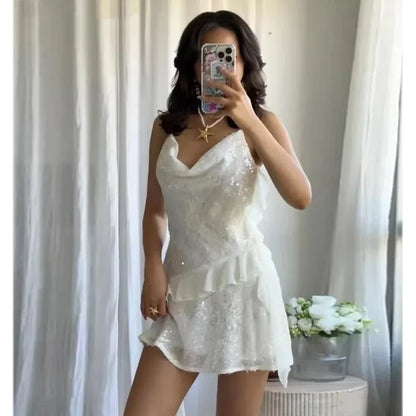 MUJER 2025 Sequin Mini Dress Woman Sexy Slip Party Dresses for Women Summer Backless Women's Dress Straps Beach Short Dresses Beauty World Shop