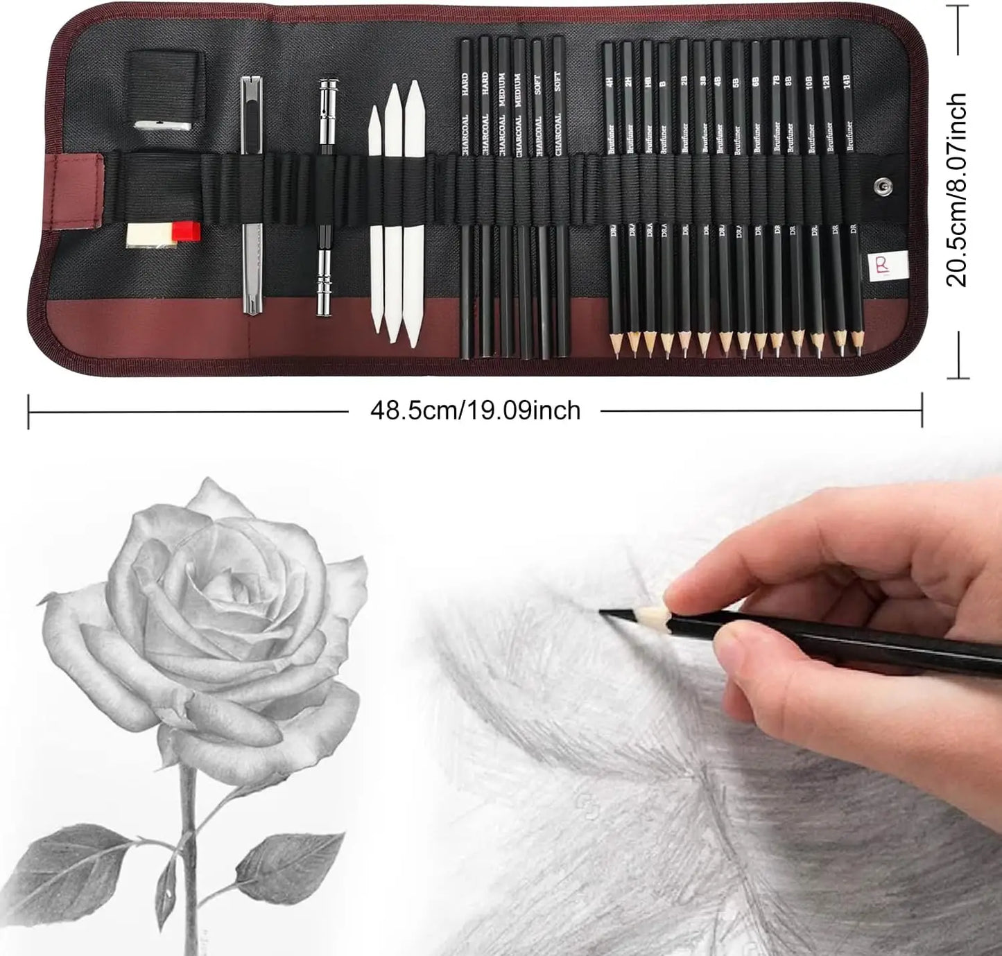 29Pcs Drawing Kit Sketching Pencils Set,Portable Pen Curtain-Charcoal Pencils, Sketch Pencils, Charcoal Stick,Sharpener,Eraser Beauty World Shop