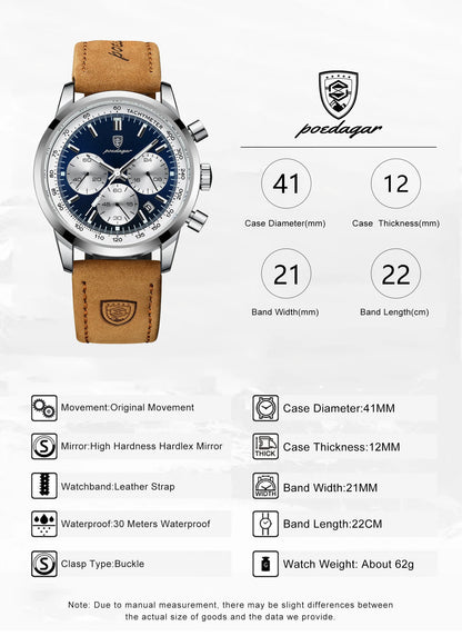 POEDAGAR Top Brand Men's Quartz Watch Waterproof Luminous Chronograph Military Man Watch Luxury Fashion Leather Watches For Men Beauty World Shop