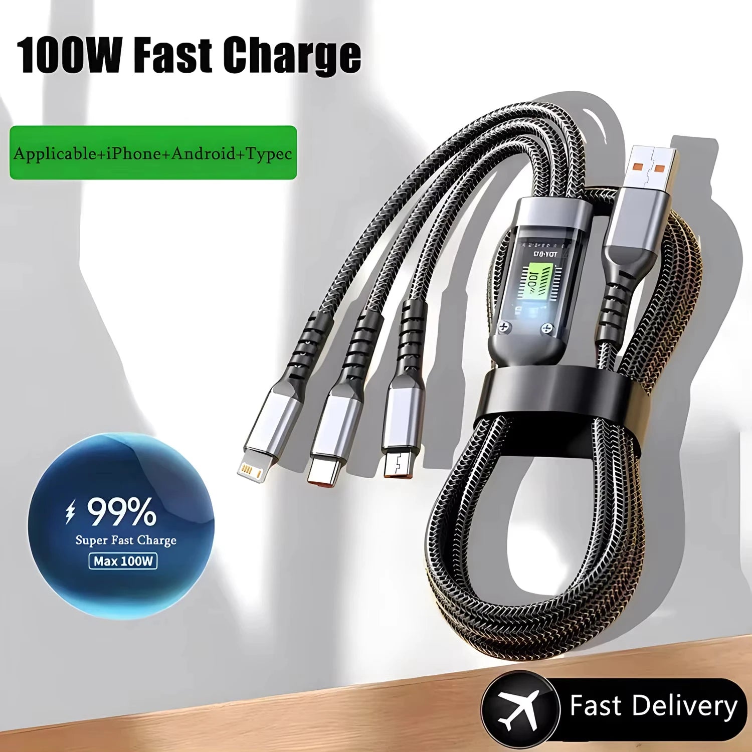 3-in-1 USB 100W 6A Fast Charger Cable Car USB To Type-C Micro LIGHTNING Cable For iPhone 16 15 14 13 Samsung Xiaomi Huawei Beauty World Shop