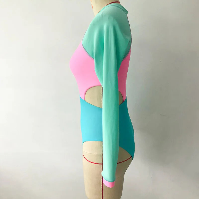 New Patchwork One-Piece Swimsuit Long Sleeve Swimwear Sports Backless Women's Swimming Bathing Suit Beach Wear Bather Surfing Beauty World Shop