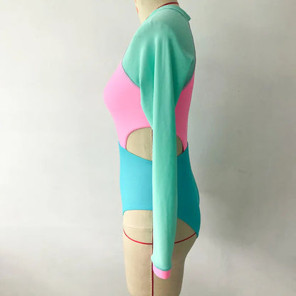 New Patchwork One-Piece Swimsuit Long Sleeve Swimwear Sports Backless Women's Swimming Bathing Suit Beach Wear Bather Surfing Beauty World Shop