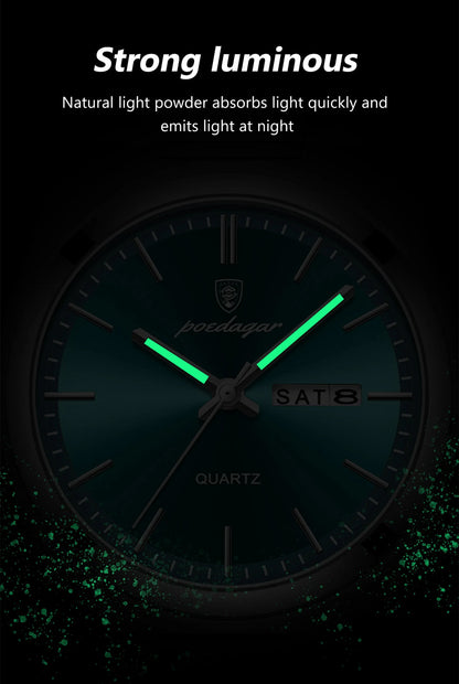 POEDAGAR Exquisite Business Men Watch Stainless Steel Waterproof Luminous Man Wristwatch Date Week Classic Men's Quartz Watches Beauty World Shop