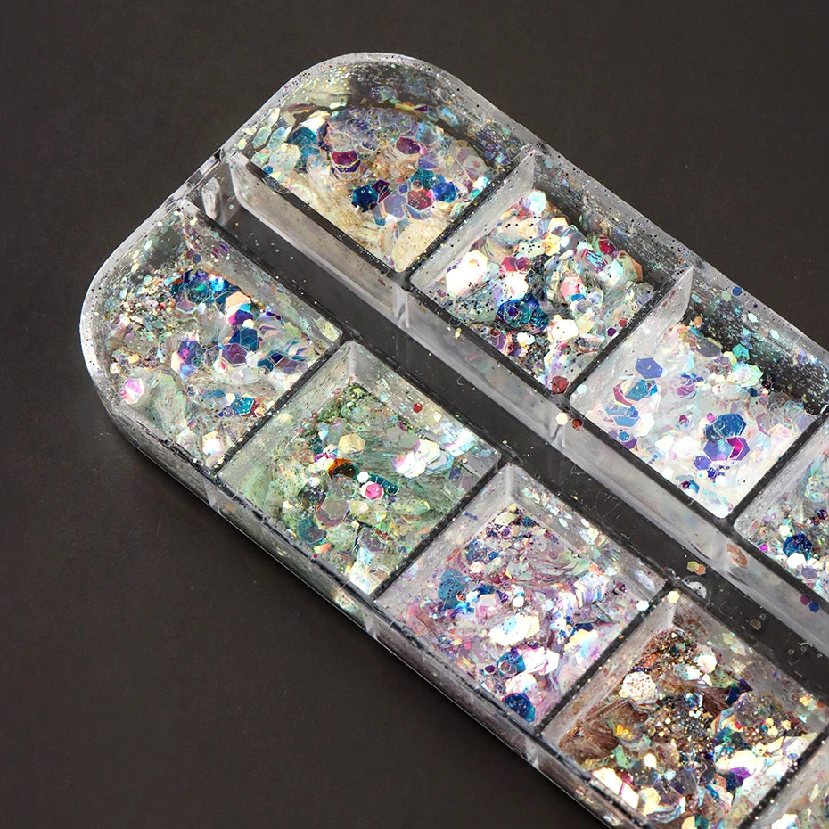 12 Grids Shimmery Mermaid Hexagon Nail Art Glitter Sequins Holographic Mirror Nail Powder Flakes Nail Charms Decoration Manicure Beauty World Shop