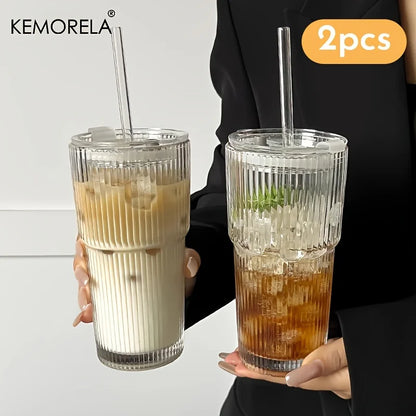 600ML Stripe Glass Coffee Cup With Lid and Without Cover Straw Transparent Drinking Glasses for Juice Iced Coffee Mugs Drinkware Beauty World Shop