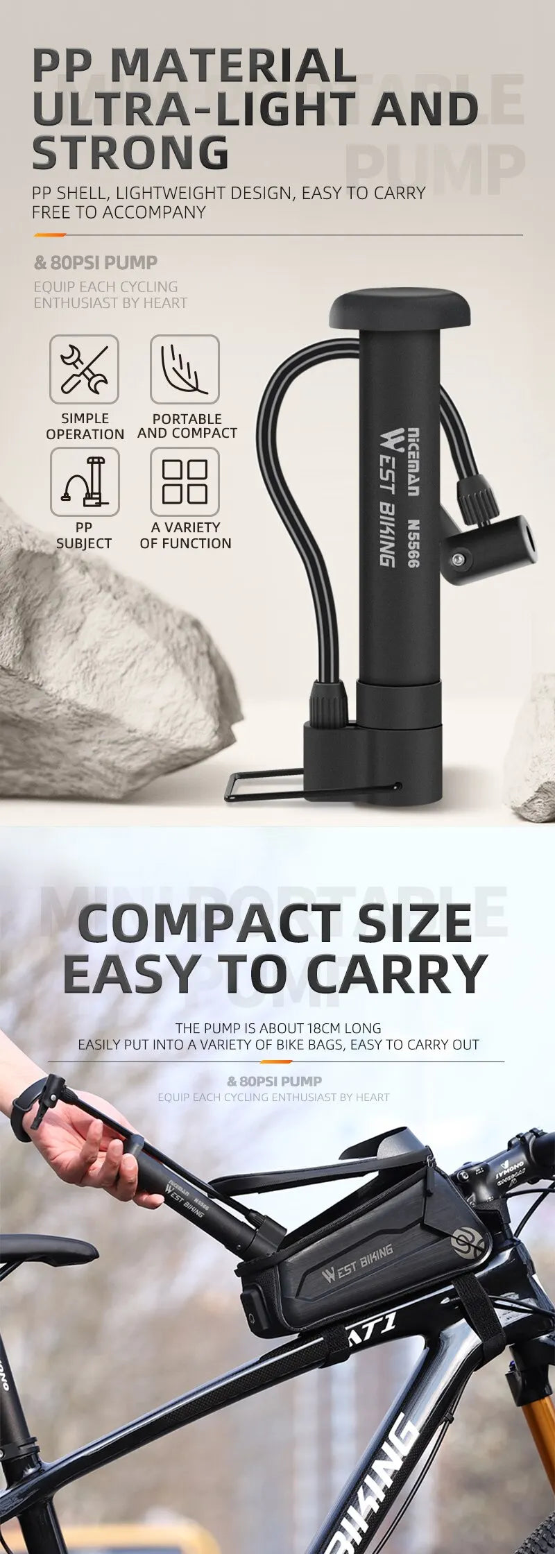 WEST BIKING 80 PSI MTB Bicycle Pump Bike Manual Air Pump Balloon Tire Inflator Schrader Valve Floor Pump Cycling Accesories