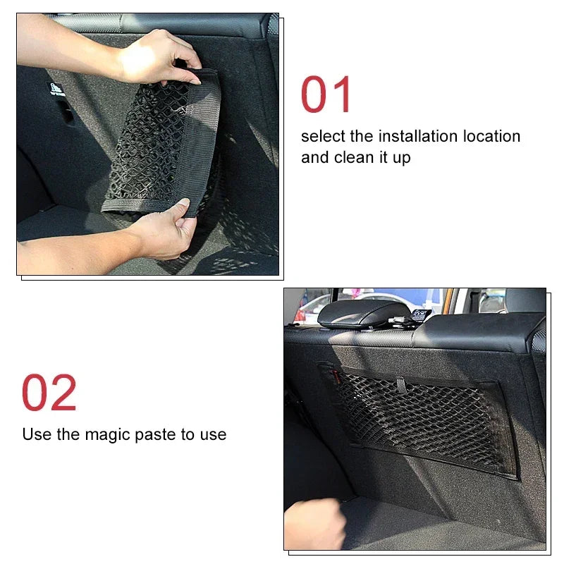 Car Storage Net Stretchable Mesh Pocket Net Magic Elastic Sticker Universal Rear Mesh Trunk Seat Bag Pocket Cage Auto Organizer Beauty World Shop