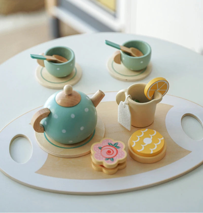 Kids Wooden Tea Set Play House Pretend Make Tea Play With Teapot Teacup Afternoon Snack Role Playing Toys Boys Girls Gift Beauty World Shop