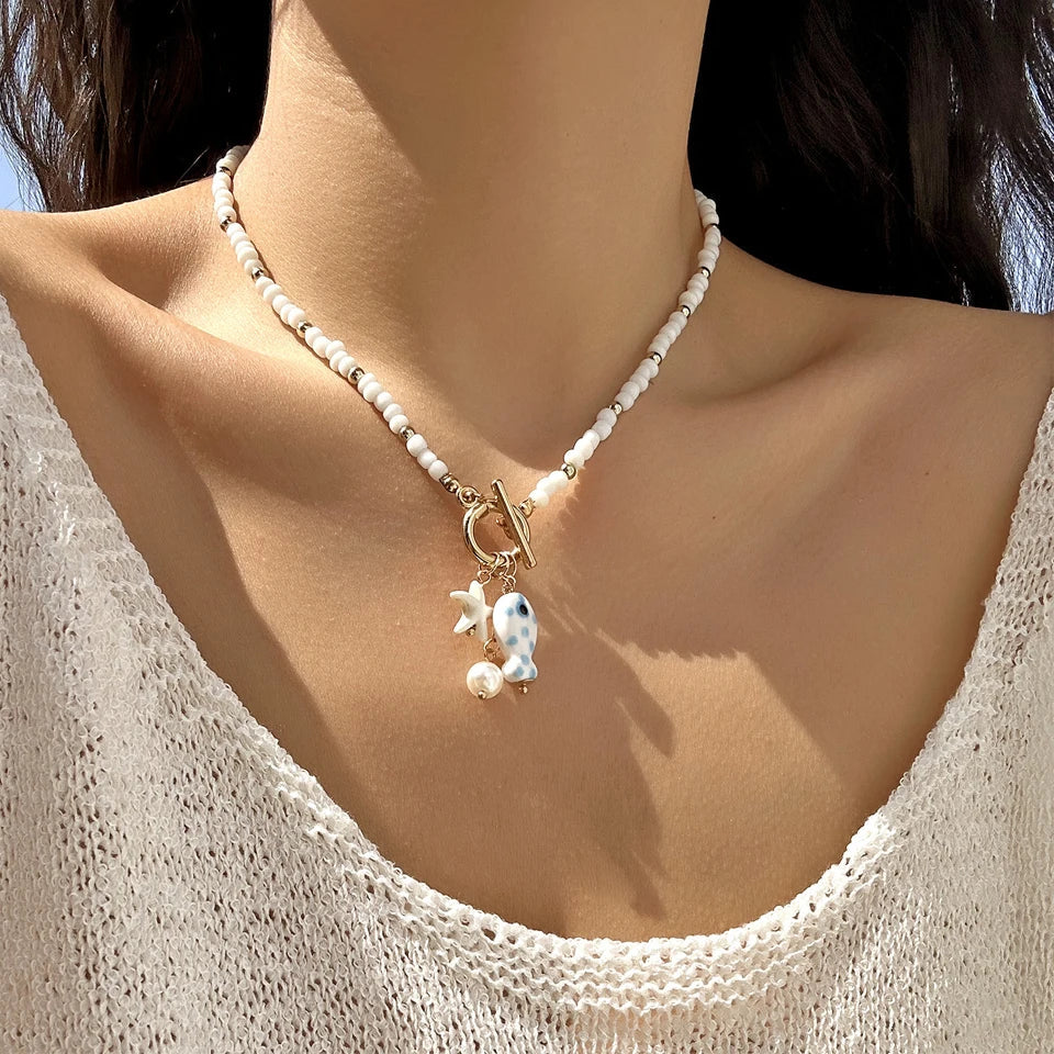 Bohemian Sea-Inspired Ceramic Fish & Starfish Pendant Necklace Dopamine Rainbow Color Beads Necklaces Beach Jewelry Beauty Trend Shop
