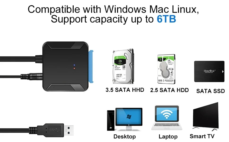 SATA to USB3.0 Cable SATA III Hard Drive Adapter Converter for 2.5" 3.5" SSD HDD Hard Drive Disk with 12V/2A Power Adapterer Beauty World Shop