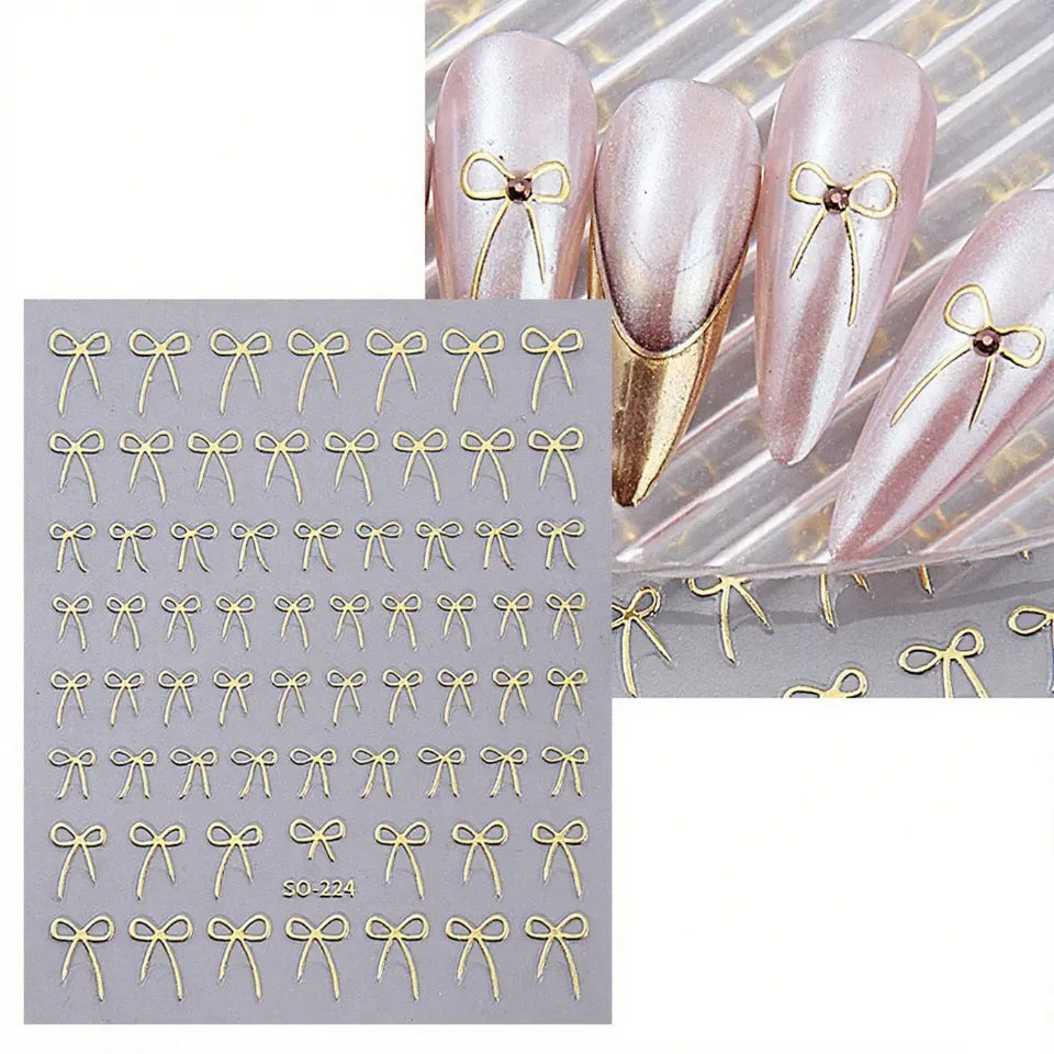 8pcs Mixed Color Bow Nail Art Stickers 3D Cute Red Black Pink Bowknot Nail Charms Foils Gold Laser Effect Bow Manicure Decor Beauty World Shop