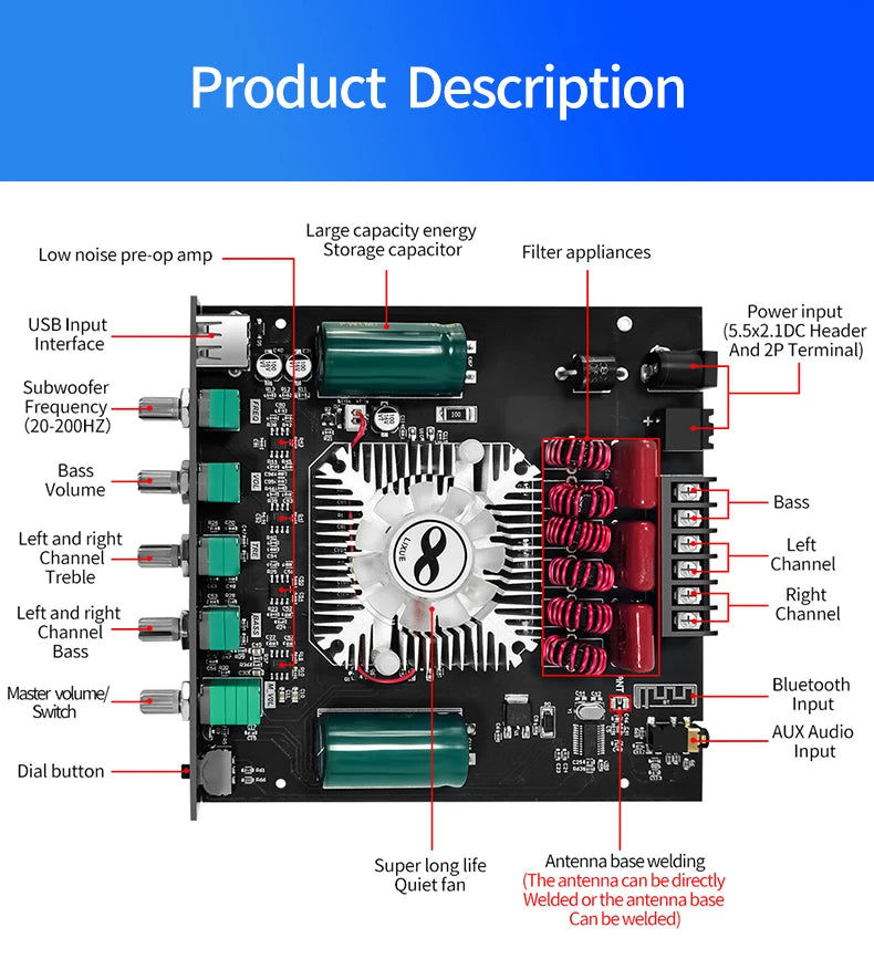 Bluetooth Digital Power Amplifier Board Module TDA7498E160W+160W+220W  High and Low Tone Subwoofer Amplifier AUX/USB ZK-HT21 Beauty World Shop