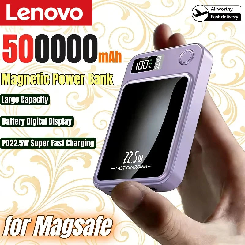 Lenovo Magnetic Wireless Power Bank 500000mAh PD22.5W Large Capacity Fast Charging External Battery For iPhone Huawei Samsung Beauty World Shop