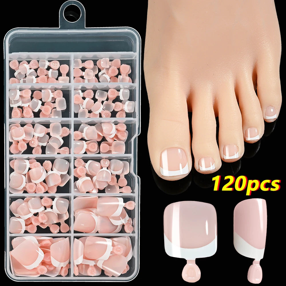 120Pcs 9-Colors French Fake Toenails Summer Short Sqaure Press On Toe Nails Tips Glossy Nude/Pink/Brown Full Cover False Toenail Beauty World Shop