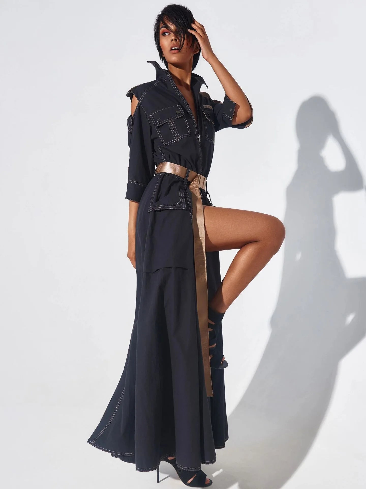 Summer Dress for Women 2026 Retro Turn-down Collar Cold Shoulder Half Sleeve Zipper Belt Pockets Split High Waist Maxi Dresses Beauty World Shop