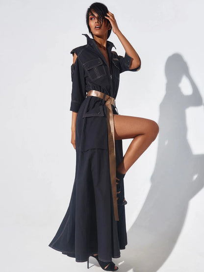 Summer Dress for Women 2026 Retro Turn-down Collar Cold Shoulder Half Sleeve Zipper Belt Pockets Split High Waist Maxi Dresses Beauty World Shop