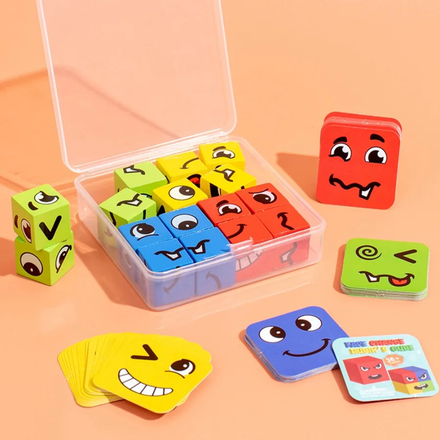 Kids Emotions Expression Game Wooden Cube Face Changing Board Cartoon Puzzle Toy Montessori Thinking Challenge Games Beauty Fashion